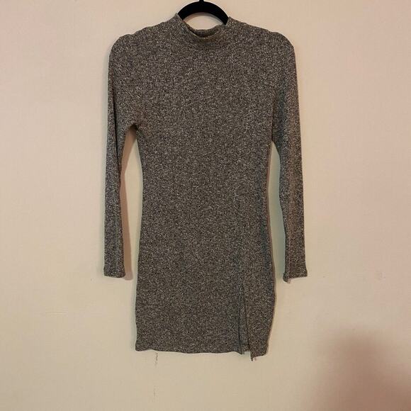 Better Be Marled Grey Knit Mock Neck Long Sleeve Split Front Bodycon Mini M - Picture 4 of 11
